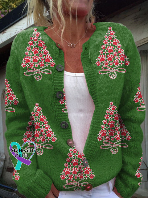 Women’s Christmas Tree Art Print Button Cardigan Sweater Multicolor / S