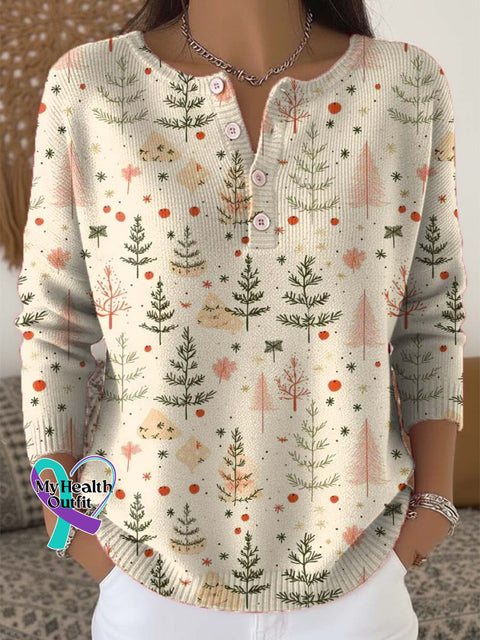 Women’s Christmas Tree Art Print Buttoned Cardigan Sweater Multicolor / S