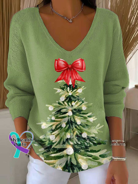 Women’s Christmas Tree Art Print Casual Pullover Sweater Green / S