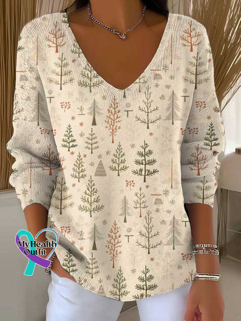 Women’s Christmas Tree Art Print Casual Pullover Sweater Multicolor / S