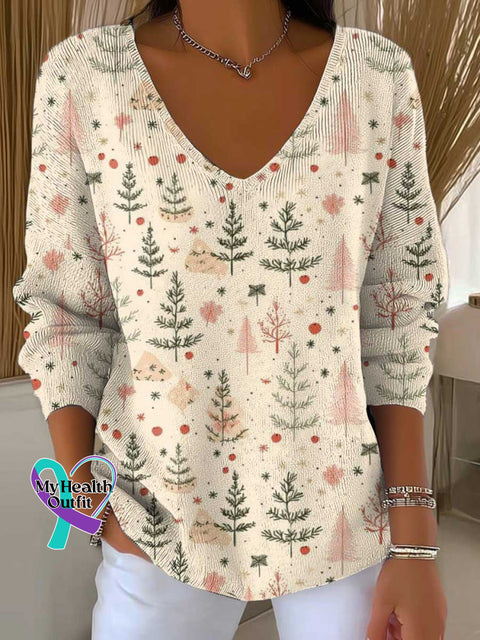 Women’s Christmas Tree Art Print Casual Pullover Sweater Multicolor / S