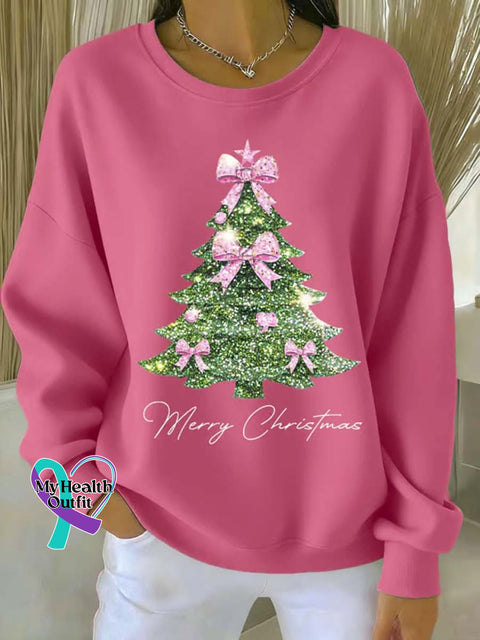 Women’s Christmas Tree Art Print Casual Sweatshirt DarkPink / S