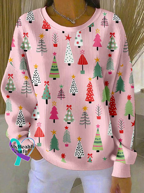 Women’s Christmas Tree Art Print Casual Sweatshirt Pink / S