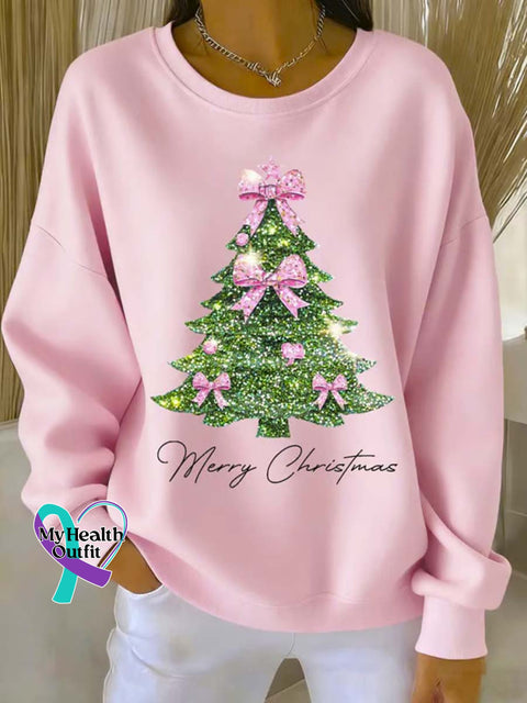 Women’s Christmas Tree Art Print Casual Sweatshirt Pink / S