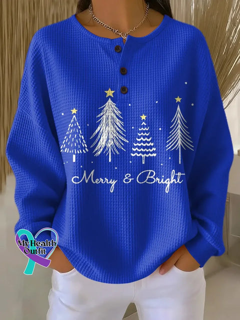 Women’s Christmas Tree Art Print Casual Waffle Sweatshirt Blue / S