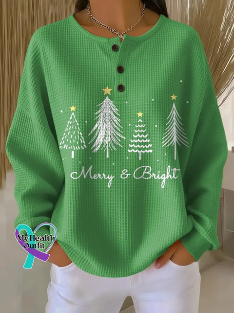 Women’s Christmas Tree Art Print Casual Waffle Sweatshirt Green / S
