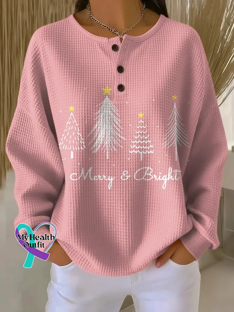 Women’s Christmas Tree Art Print Casual Waffle Sweatshirt Pink / S