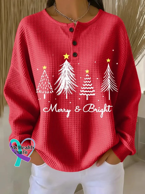 Women’s Christmas Tree Art Print Casual Waffle Sweatshirt Red / S