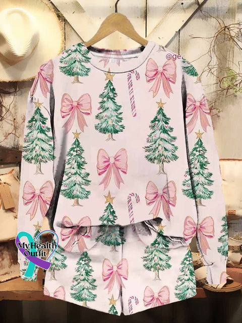 Women’s Christmas Tree Bow Print Casual Sweatshirt Shorts Set Multicolor / S