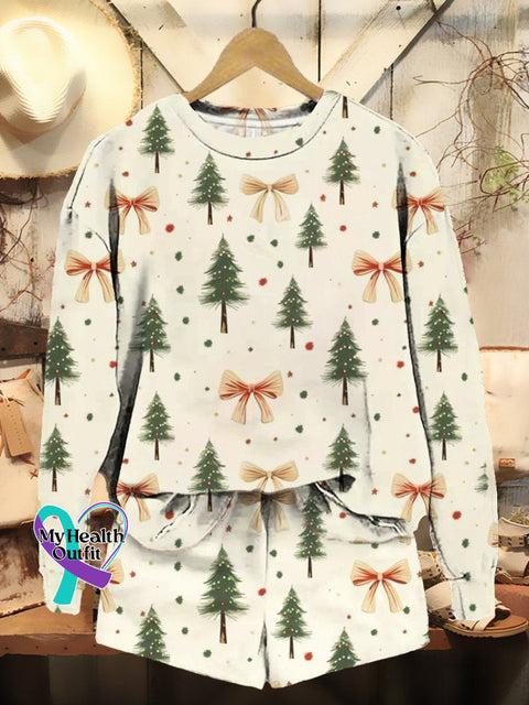 Women’s Christmas Tree Bow Print Casual Sweatshirt Shorts Set Multicolor / S