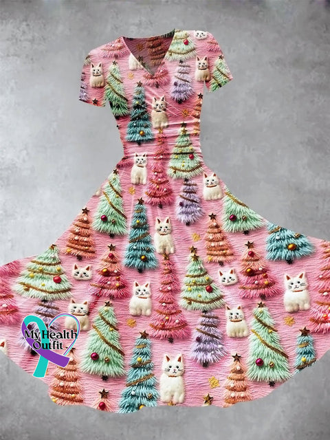 Women’s Christmas Tree Cute Cat 3D Print Maxi Dress Multicolor / S