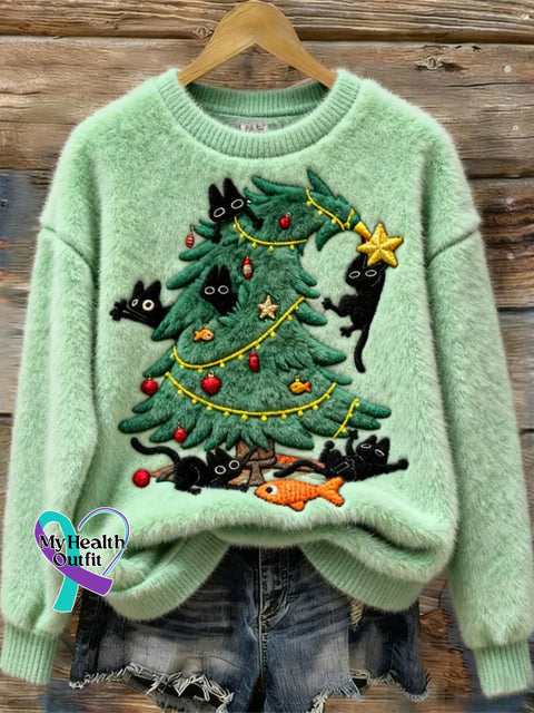 Women’s Christmas Christmas Tree Cute Playful Cats Flannel Sweatshirt Light Green / S