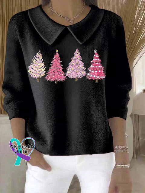 Women’s Christmas Tree Pattern Art Casual Peter Pan Collar 3/4 Sleeve Sweater Black / S