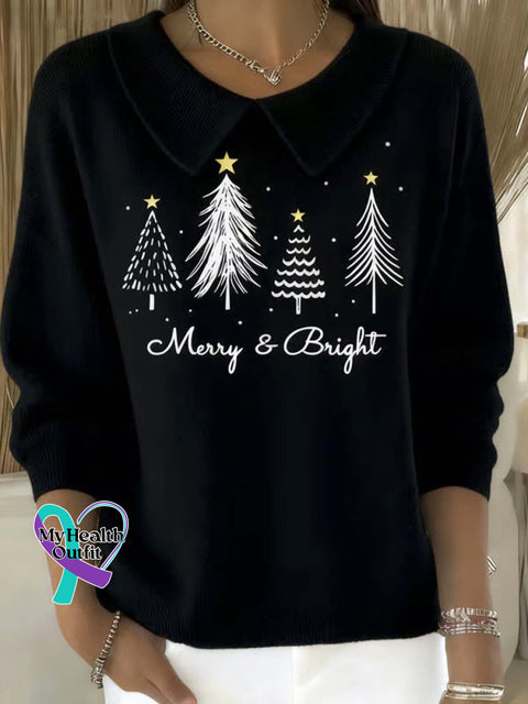 Women’s Christmas Tree Pattern Art Casual Peter Pan Collar 3/4 Sleeve Sweater Black / S