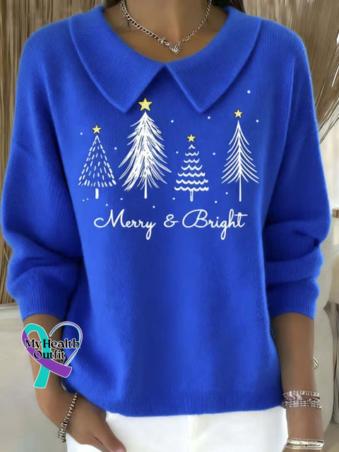 Women’s Christmas Tree Pattern Art Casual Peter Pan Collar 3/4 Sleeve Sweater Blue / S