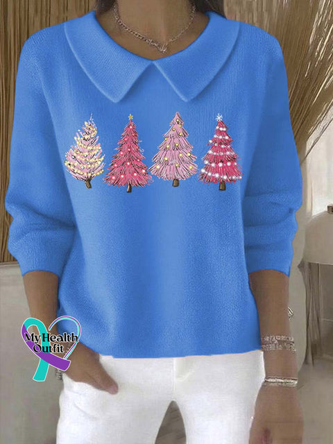 Women’s Christmas Tree Pattern Art Casual Peter Pan Collar 3/4 Sleeve Sweater Blue / S