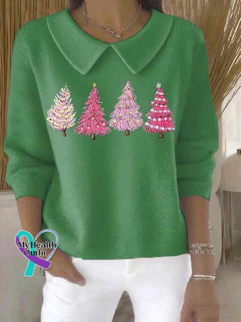 Women’s Christmas Tree Pattern Art Casual Peter Pan Collar 3/4 Sleeve Sweater Green / S