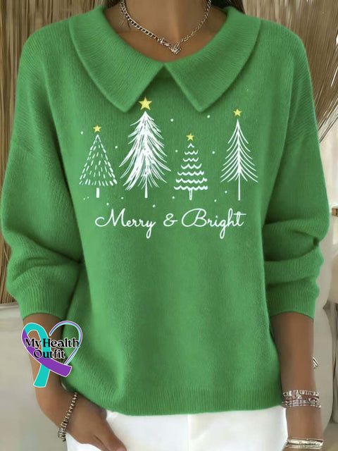 Women’s Christmas Tree Pattern Art Casual Peter Pan Collar 3/4 Sleeve Sweater Green / S