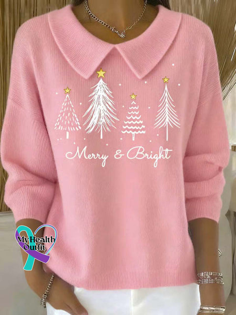 Women’s Christmas Tree Pattern Art Casual Peter Pan Collar 3/4 Sleeve Sweater Pink / S