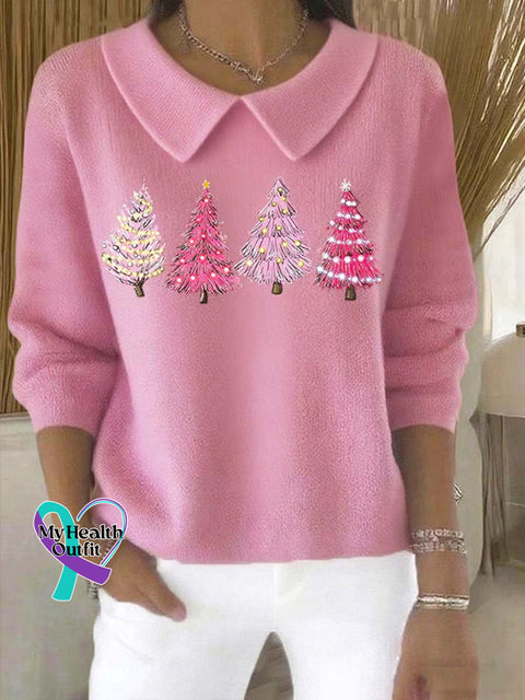 Women’s Christmas Tree Pattern Art Casual Peter Pan Collar 3/4 Sleeve Sweater Pink / S
