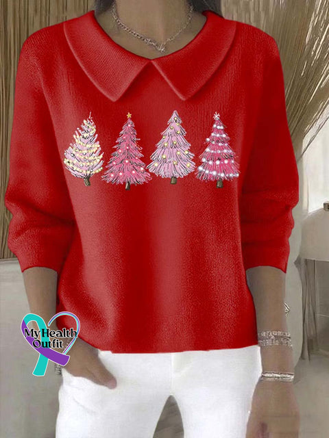 Women’s Christmas Tree Pattern Art Casual Peter Pan Collar 3/4 Sleeve Sweater Red / S