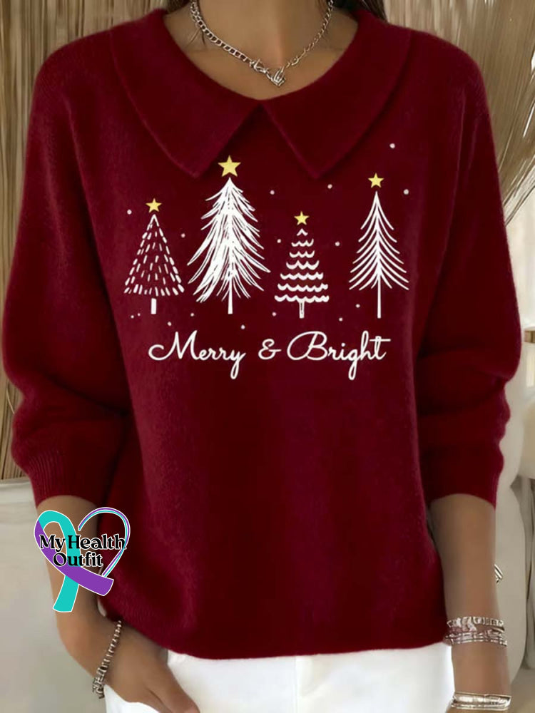 Women’s Christmas Tree Pattern Art Casual Peter Pan Collar 3/4 Sleeve Sweater Red / S