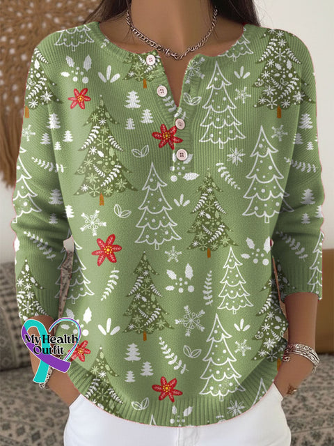 Women’s Christmas Tree Pattern Art Print Buttoned Cardigan Sweater Green / S