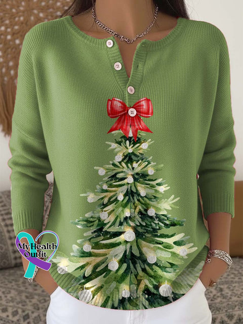 Women’s Christmas Tree Pattern Art Print Buttoned Cardigan Sweater Green / S