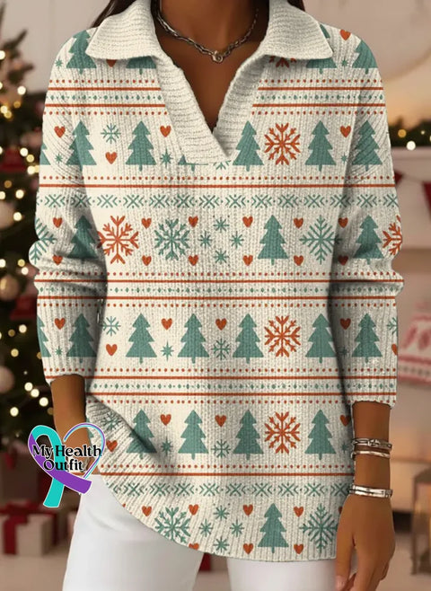 Women’s Christmas Tree Pattern Art Print Casual Cotton Sweater Apricot / S