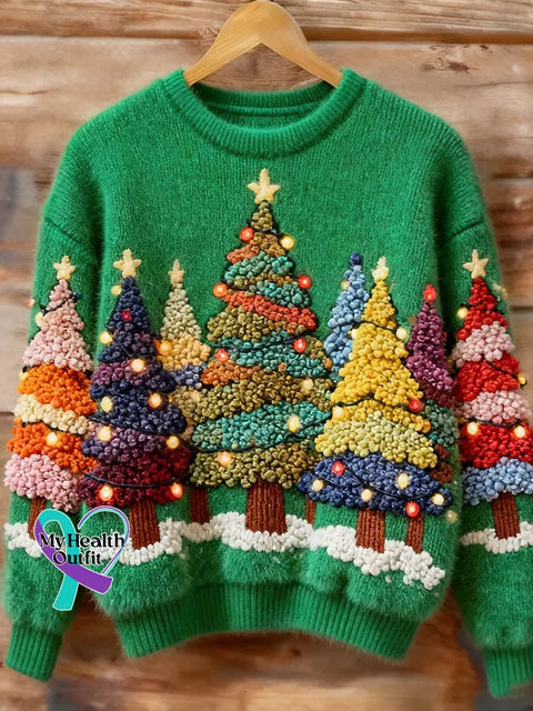 Women’s Christmas Tree Pattern Art Print Casual Cotton Sweater Green / S