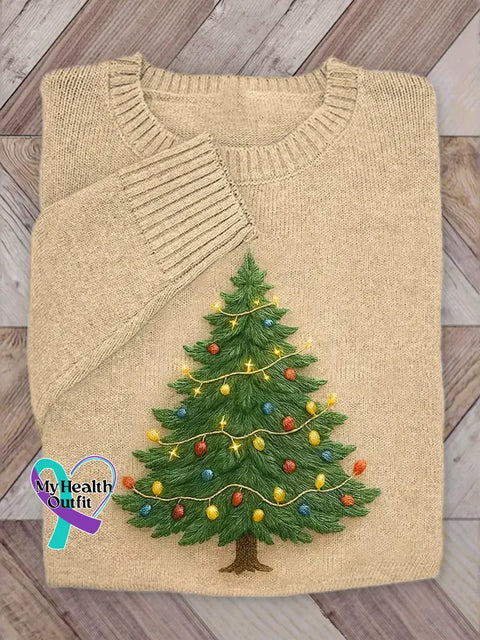 Women’s Christmas Tree Pattern Art Print Casual Cotton Sweater Khaki / S