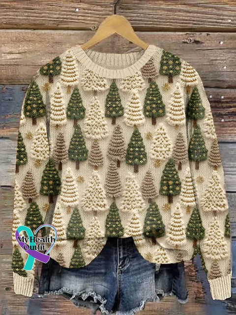 Women’s Christmas Tree Pattern Art Print Casual Cotton Sweater Khaki / S