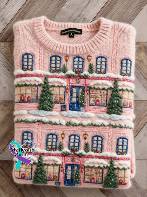 Women’s Christmas Tree Pattern Art Print Casual Cotton Sweater Pink / S