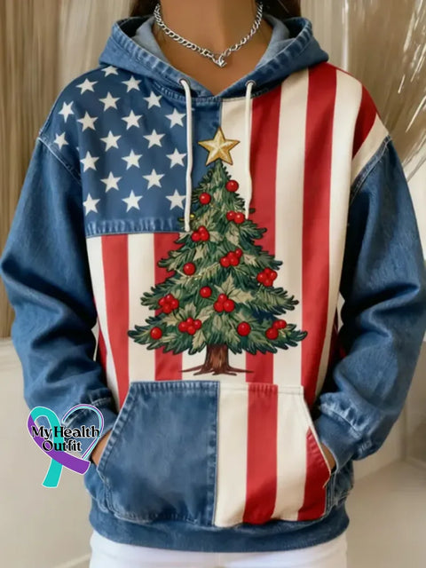 Women’s Christmas Tree Pattern Art Print Casual Cotton Sweatshirt Blue / S