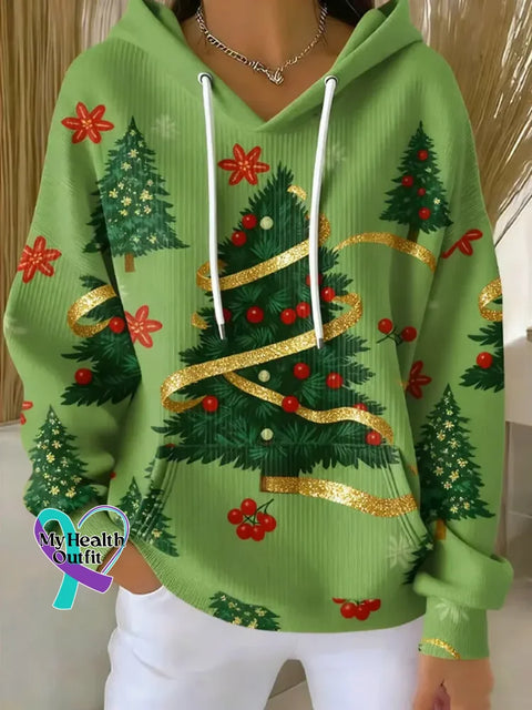 Women’s Christmas Tree Pattern Art Print Casual Cotton Sweatshirt Green / S