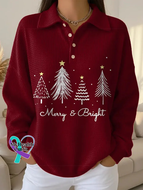 Women’s Christmas Tree Pattern Art Print Casual Cotton Waffle Sweatshirt