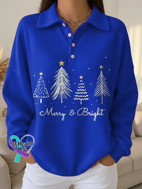 Women’s Christmas Tree Pattern Art Print Casual Cotton Waffle Sweatshirt Blue / S