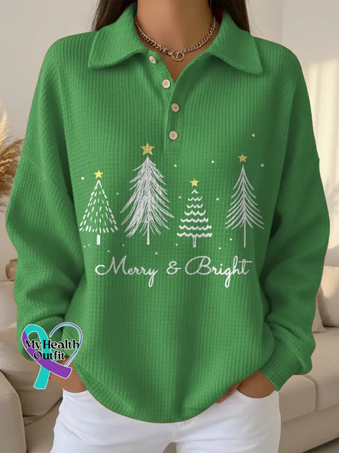 Women’s Christmas Tree Pattern Art Print Casual Cotton Waffle Sweatshirt Green / S