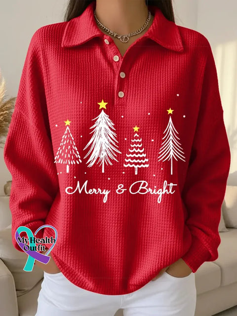 Women’s Christmas Tree Pattern Art Print Casual Cotton Waffle Sweatshirt Red / S