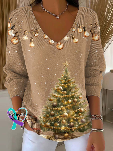 Women’s Christmas Tree Pattern Art Print Casual Pullover Sweater Brown / S