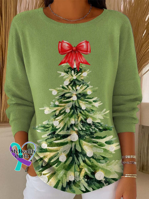 Women’s Christmas Tree Pattern Art Print Casual Pullover Sweater Green / S