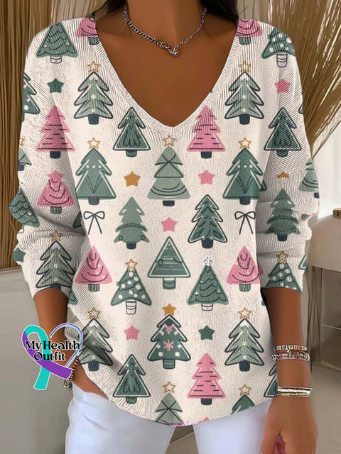 Women’s Christmas Tree Pattern Art Print Casual Pullover Sweater Multicolor / S