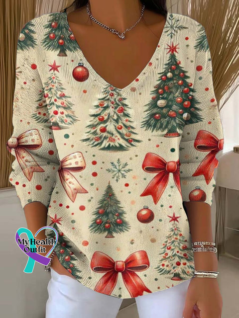 Women’s Christmas Tree Pattern Art Print Casual Pullover Sweater Multicolor / S