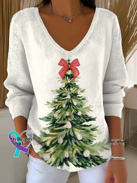 Women’s Christmas Tree Pattern Art Print Casual Pullover Sweater White / S