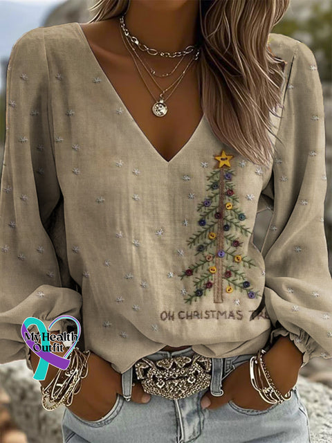 Women’s Christmas Tree Print Casual Cotton And Linen Shirt Multicolor / S