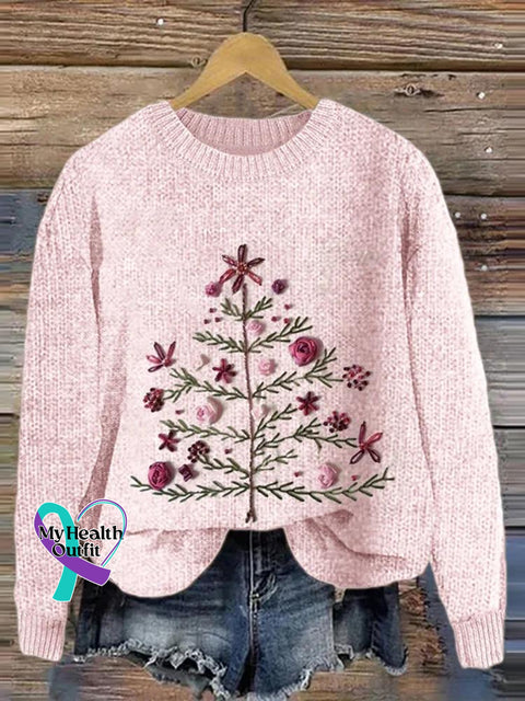 Women’s Christmas Tree Print Crew Neck Casual Knit Pullover Pink / S