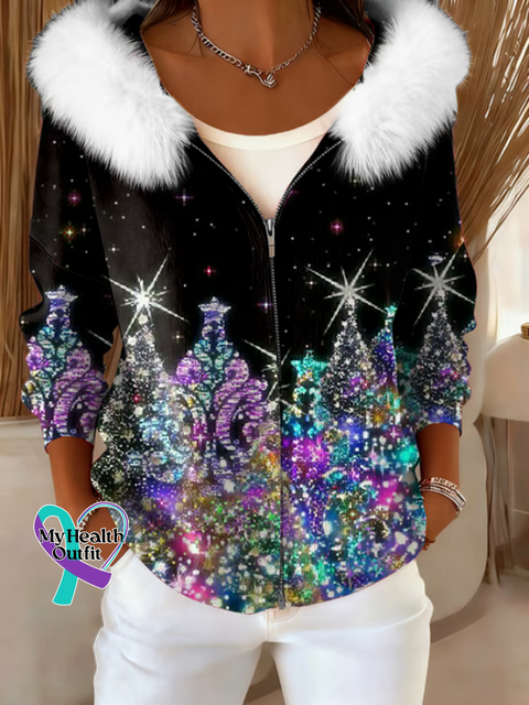 Women’s Christmas Tree Print Fur Collar Zipper Casual Hooded Sweatshirt Multicolor / S