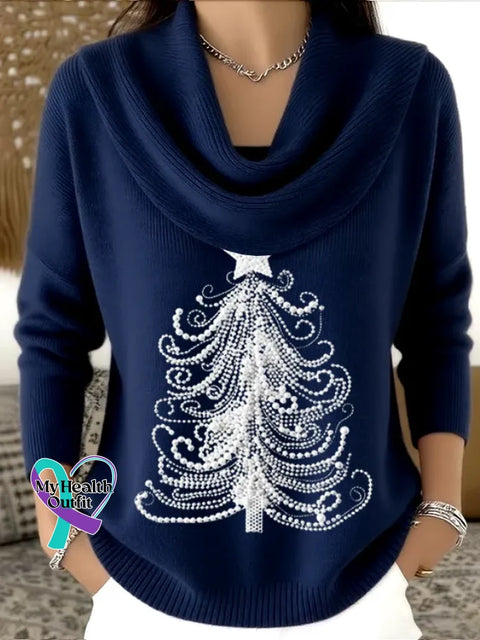 Women’s Christmas Tree Print Knit Pullover Blue / S
