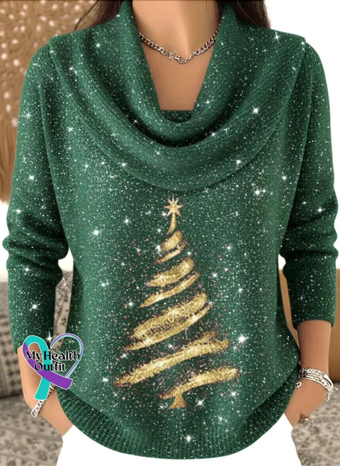 Women’s Christmas Tree Print Knit Pullover Green / S