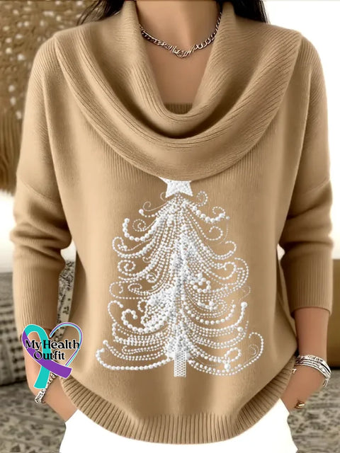 Women’s Christmas Tree Print Knit Pullover Khaki / S